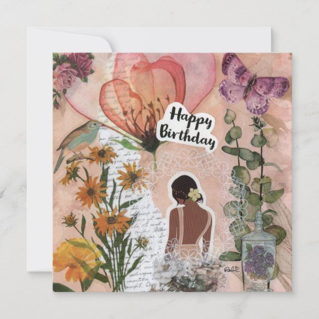 Color Peach Floral Birthday Flat Greeting Card (Front)