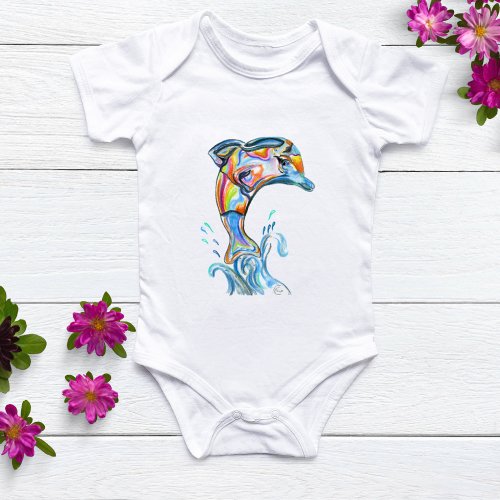 Color Pencil Dolphin Jumping Out Of The Water Baby Bodysuit