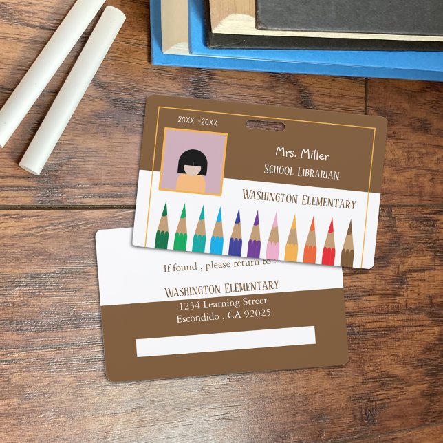 Color Pencils Doodle School Librarian Brown Badge (Color pencils doodle school librarian horizontal photo ID badge .)