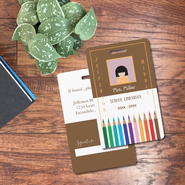 Color Pencils Doodle School Librarian ID Badge (Color pencils doodle school librarian vertical photo ID badge .)