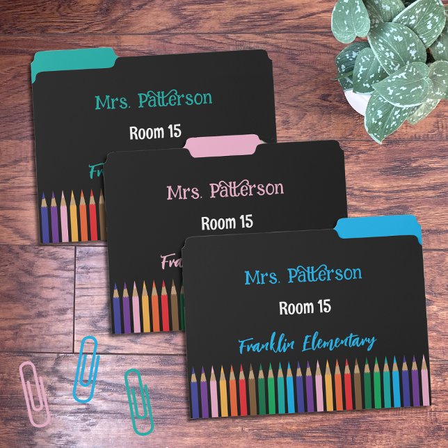Color Pencils Teacher Black File Folders (All 3 folders on a desk (front side up))