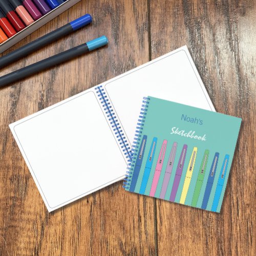 Color Pens Personalized Kid Teal Sketchbook  Notebook
