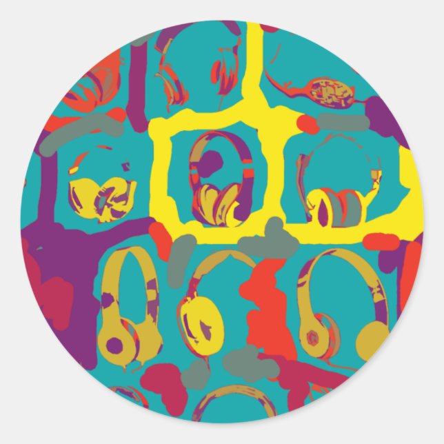 color pop art dj headphones classic round sticker (Front)