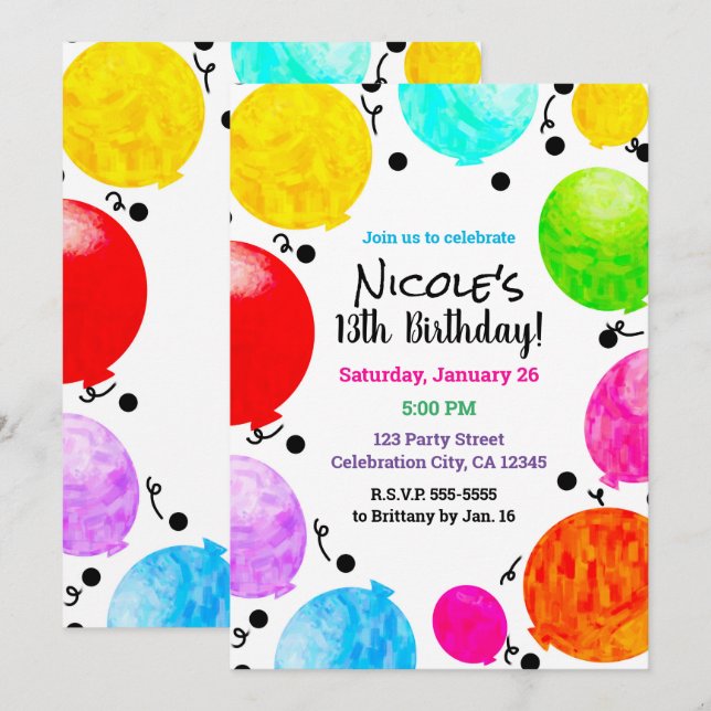 Color Pop Fun Party Balloons Birthday Celebration Invitation (Front/Back)