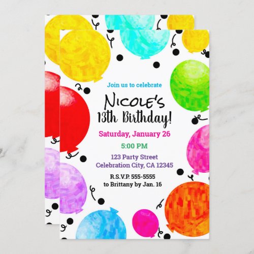 Color Pop Fun Party Balloons Birthday Celebration Invitation