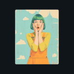 Color Pop Retro Shock Metal Print<br><div class="desc">This vibrant digital artwork captures a moment of wide-eyed surprise with bold, expressive style. A woman with a striking green bob haircut and bright orange lipstick clasps her face in astonishment, channeling classic pop-art energy with a modern twist. Dressed in vivid orange overalls and a mustard-yellow shirt, she pops against...</div>
