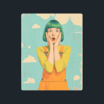 Color Pop Retro Shock Metal Print<br><div class="desc">This vibrant digital artwork captures a moment of wide-eyed surprise with bold, expressive style. A woman with a striking green bob haircut and bright orange lipstick clasps her face in astonishment, channeling classic pop-art energy with a modern twist. Dressed in vivid orange overalls and a mustard-yellow shirt, she pops against...</div>