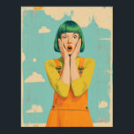 Color Pop Retro Shock Poster<br><div class="desc">This vibrant digital artwork captures a moment of wide-eyed surprise with bold, expressive style. A woman with a striking green bob haircut and bright orange lipstick clasps her face in astonishment, channeling classic pop-art energy with a modern twist. Dressed in vivid orange overalls and a mustard-yellow shirt, she pops against...</div>