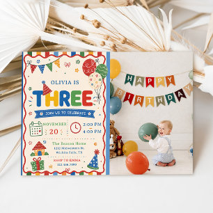 Color Pop THREE Birthday Party Photo Invitation