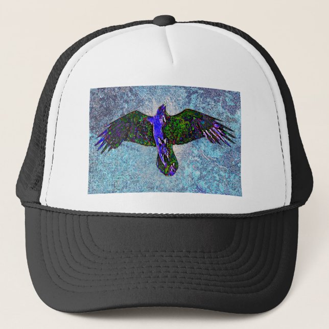 Color Raven On Blue Trucker Hat (Front)