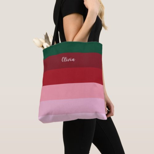 Color Red Green and Pink Stripe Monogram Tote Bag