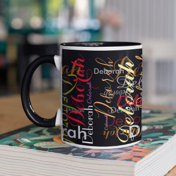 Color Repeating Name Pattern On Black Mug by mixedworld at Zazzle