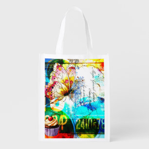 Color Riot Retro Butterfly Collage Grocery Bag