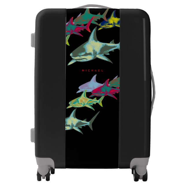 Color Sharks on Black Luggage with Name (Front)