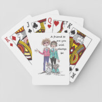 Color Sketch Art Two Girl Friends pets Together Playing Cards