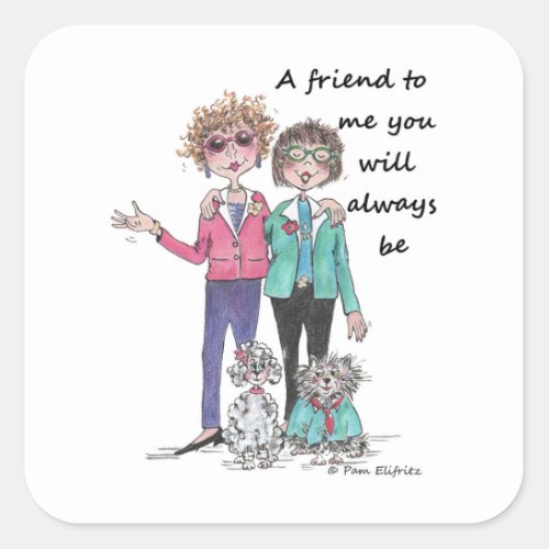 Color Sketch Art Two Girl Friends pets Together Square Sticker