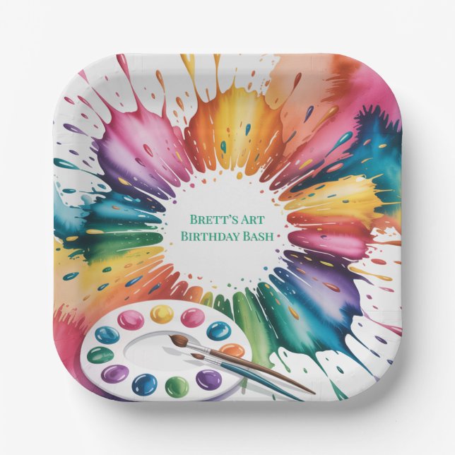 Color Splash Art Birthday Bash Paper Plates (Front)