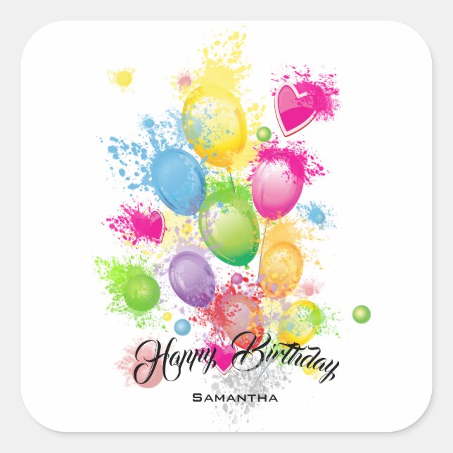Color Splash Birthday Balloons Square Sticker (Front)