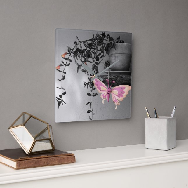 Color Splash Butterfly Still Life Photograph Square Wall Clock (Office)
