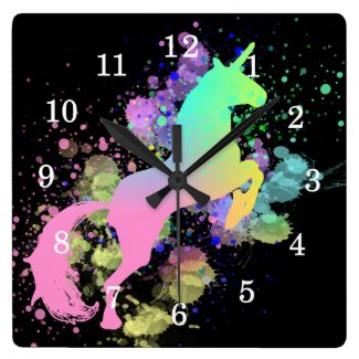 Color Splash Fantasy Rainbow Unicorn Square Wall Clock