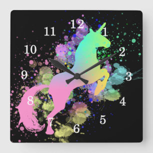 Color Splash Fantasy Rainbow Unicorn Square Wall Clock