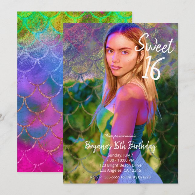 Color Splash Mermaid Photo Sweet 16 Party    Invitation (Front/Back)