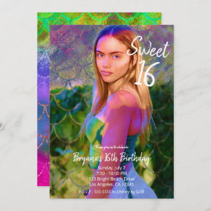 Color Splash Mermaid Photo Sweet 16 Party Invitation