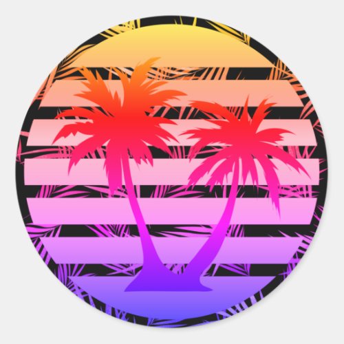 Color Splash Palm Tree Silhouette Black Stripe  Classic Round Sticker