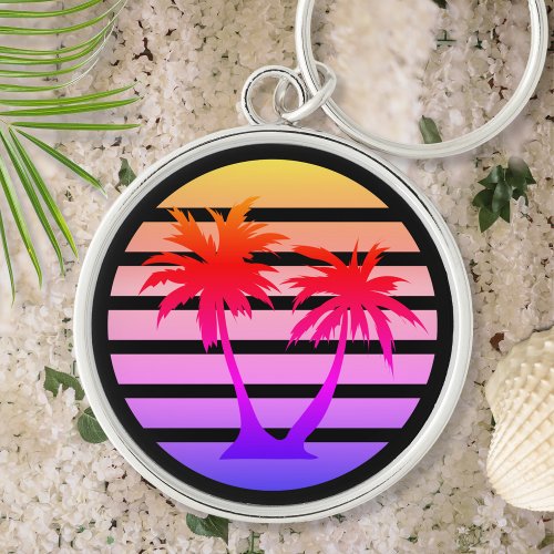 Color Splash Palm Tree Silhouette Black Stripe  Keychain