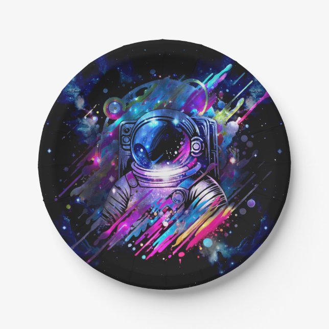 Color Splash Starry Space Astronaut  Paper Plates (Front)