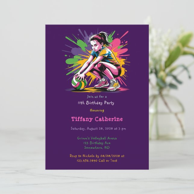 Color Splash Volleyball Girl Birthday Party Invitation (Standing Front)