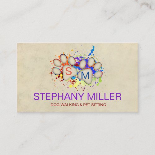 Color Splatter Paws Monogram _ Dog Walker Sitter  Business Card
