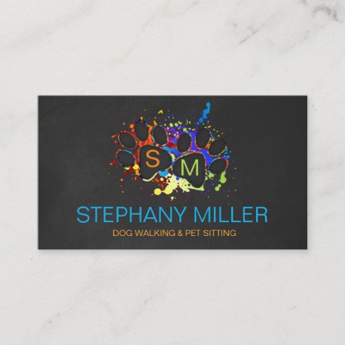 Color Splatter Paws Monogram _ Dog Walker Sitter  Business Card