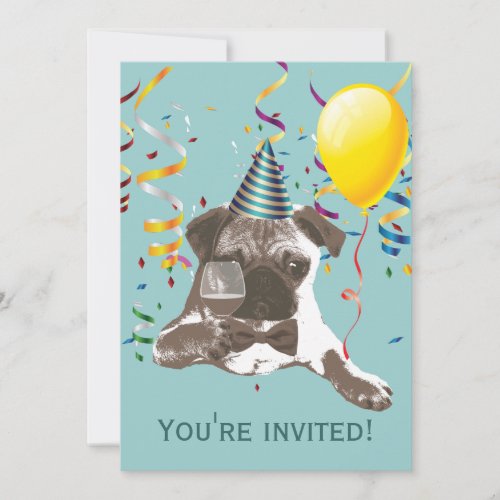 Color Streamers Pug Birthday Party Invitations