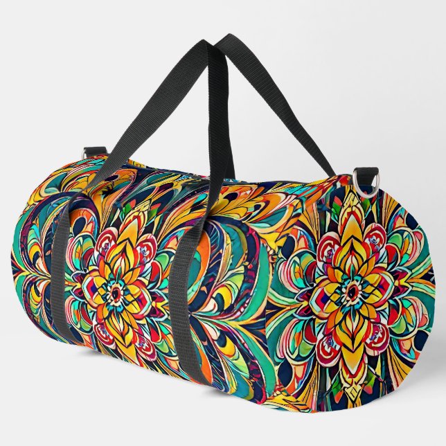 Color Symphony Mandala – Bold Psychedelic Floral Duffle Bag (Left Corner)