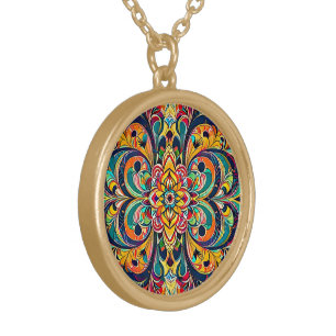 Color Symphony Mandala – Bold Psychedelic Floral Gold Plated Necklace