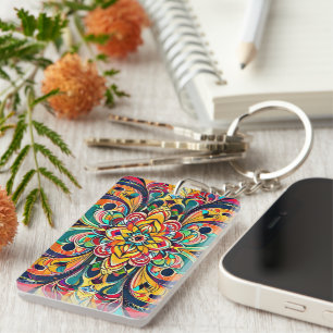 Color Symphony Mandala – Bold Psychedelic Floral Keychain
