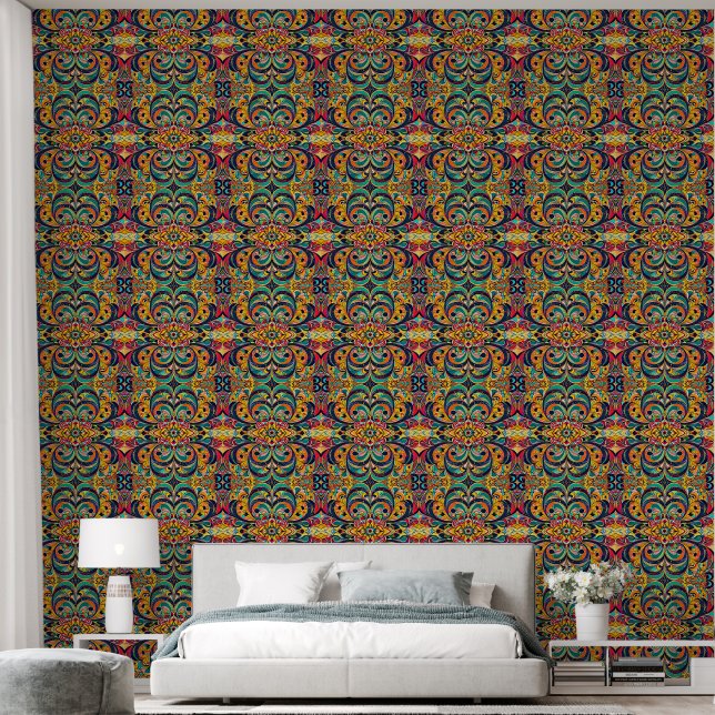 Color Symphony Mandala – Bold Psychedelic Floral Wallpaper (Bedroom)