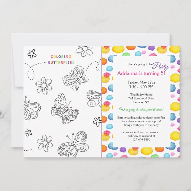 Color the Butterflies Birthday  Invitation (Front)