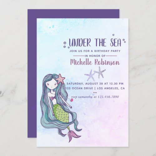 Color trend Under the Sea Mermaid themed Birthday Invitation