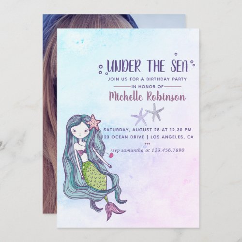 Color trend Under the Sea Mermaid themed Birthday Invitation