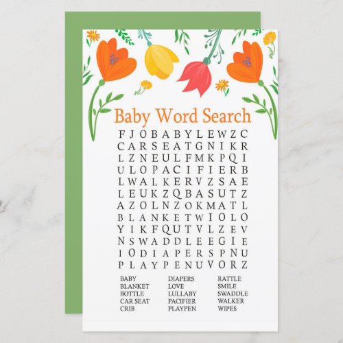 Color tulips Baby Shower Word Search Game