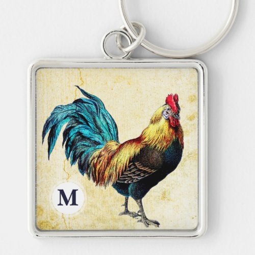 Color Vintage Rooster Monogram Square Keychain