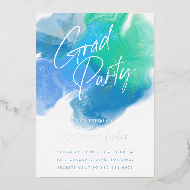 Color Wash Blue Green Grad Party Silver Foil Invitation (Front)