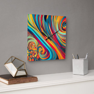 Color Wave Fusion – Modern Abstract Swirl Art Square Wall Clock