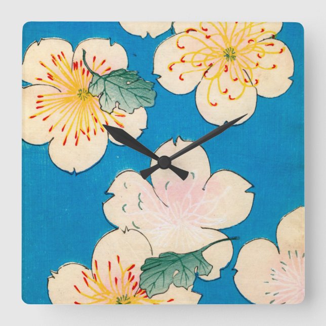 Color Woodblock Print of Dogwood Blossoms Square Wall Clock (Front)