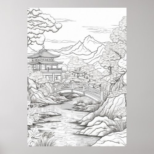 Color Your Own Asian Landscape Adult Coloring Poster