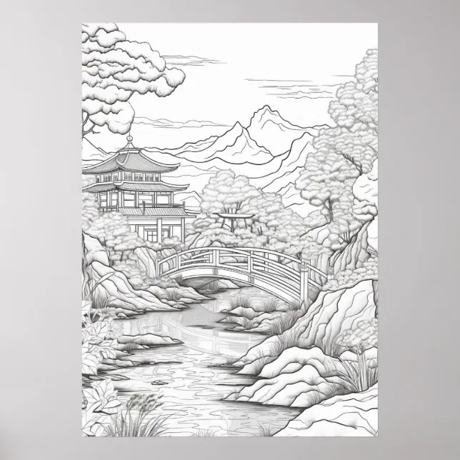 Color Your Own Asian Landscape Adult Coloring Poster | Zazzle
