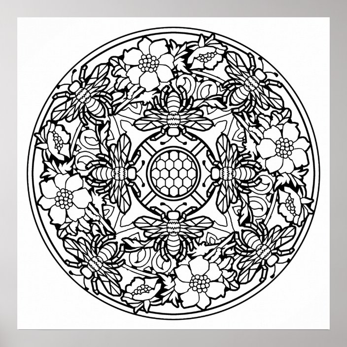 Color Your Own Bees Mandala Coloring Poster | Zazzle.com