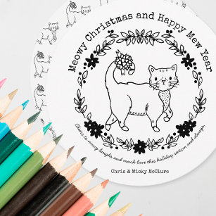 Color Your Own Cat Circle Christmas Holiday Card